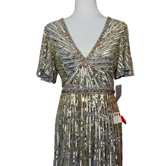 Mac Duggal Gown Silver Beaded Sequin‎ Dress Flutter Sleeves Size 8 NEW - Picture 4 of 12